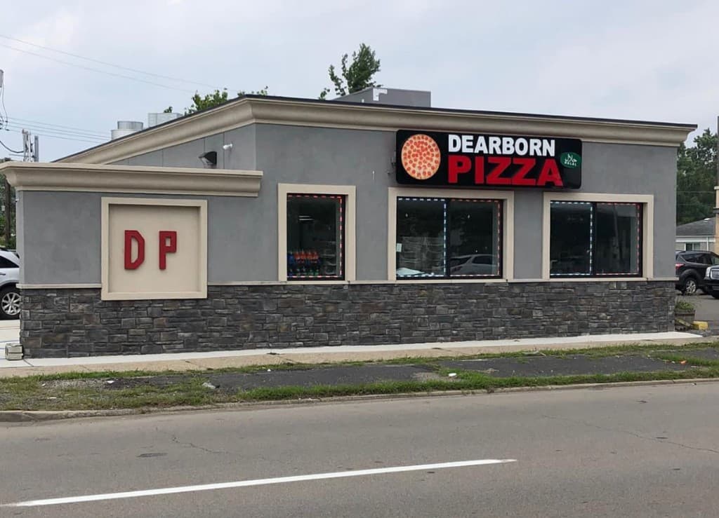 Dearborn Pizza storefront on West Warren Avenue, Dearborn, Michigan